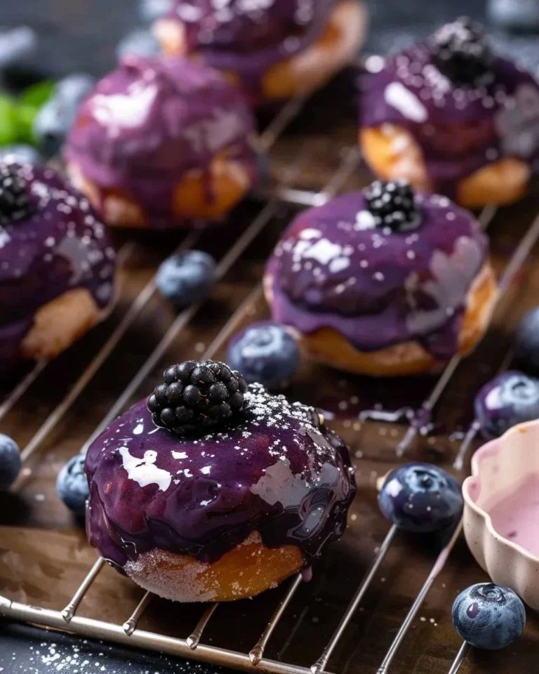 Blueberry-glazed cake donuts on a plate, showcasing a delicious dessert option.