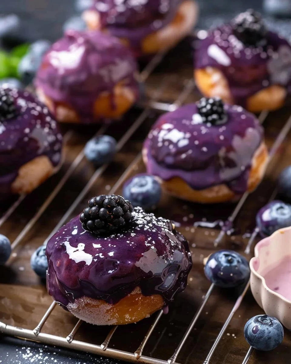 Blueberry-glazed cake donuts on a plate, showcasing a delicious dessert option.