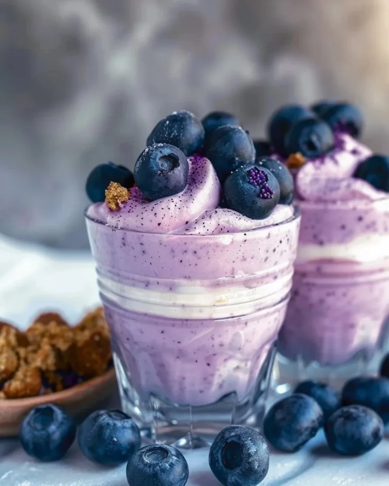 Delicious Blueberry Yogurt Smoothie in a glass, topped with fresh blueberries