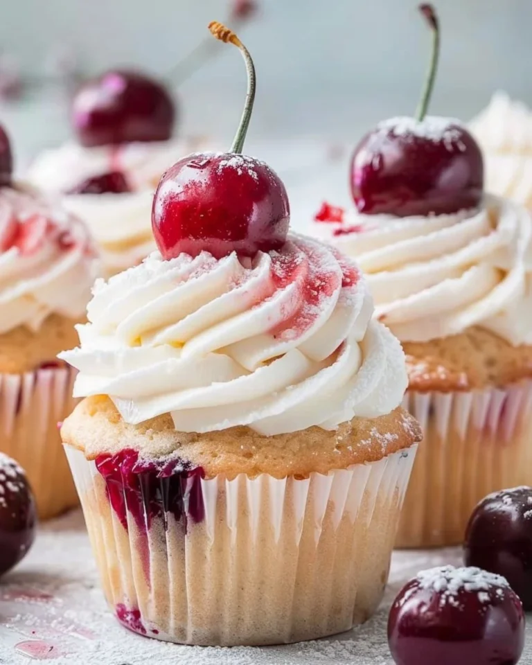 Cherry jam vanilla cupcakes topped with sweet cherry jam glaze.