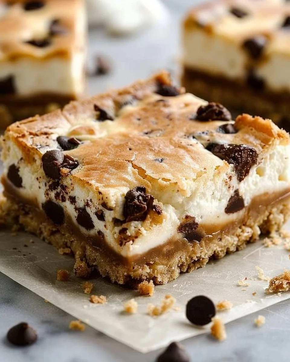 Delicious chocolate chip cheesecake bars on a plate