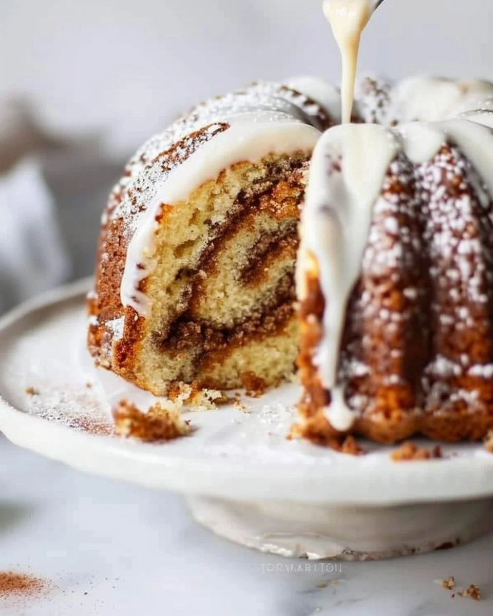 Deliciously baked cinnamon roll bundt cake topped with creamy glaze.
