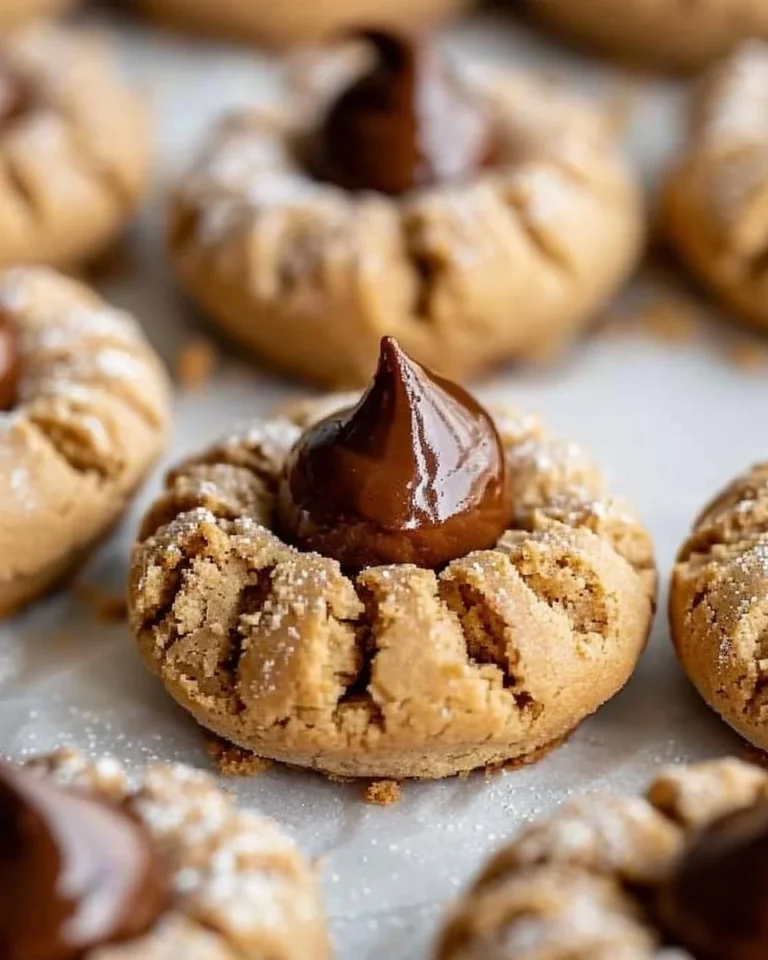 Freshly baked classic Peanut Butter Blossoms mini cookies topped with chocolate.