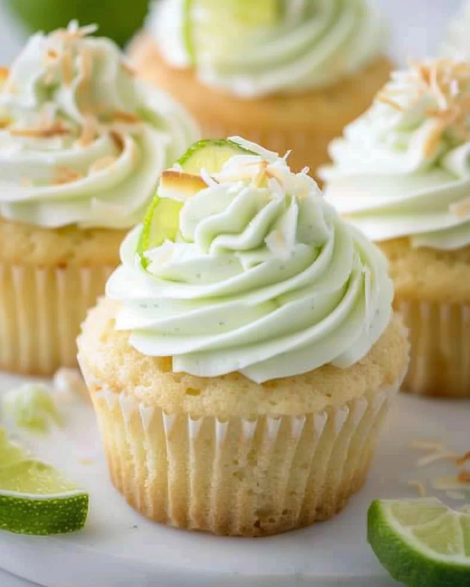 Coconut cupcakes topped with lime buttercream frosting on a decorative platter