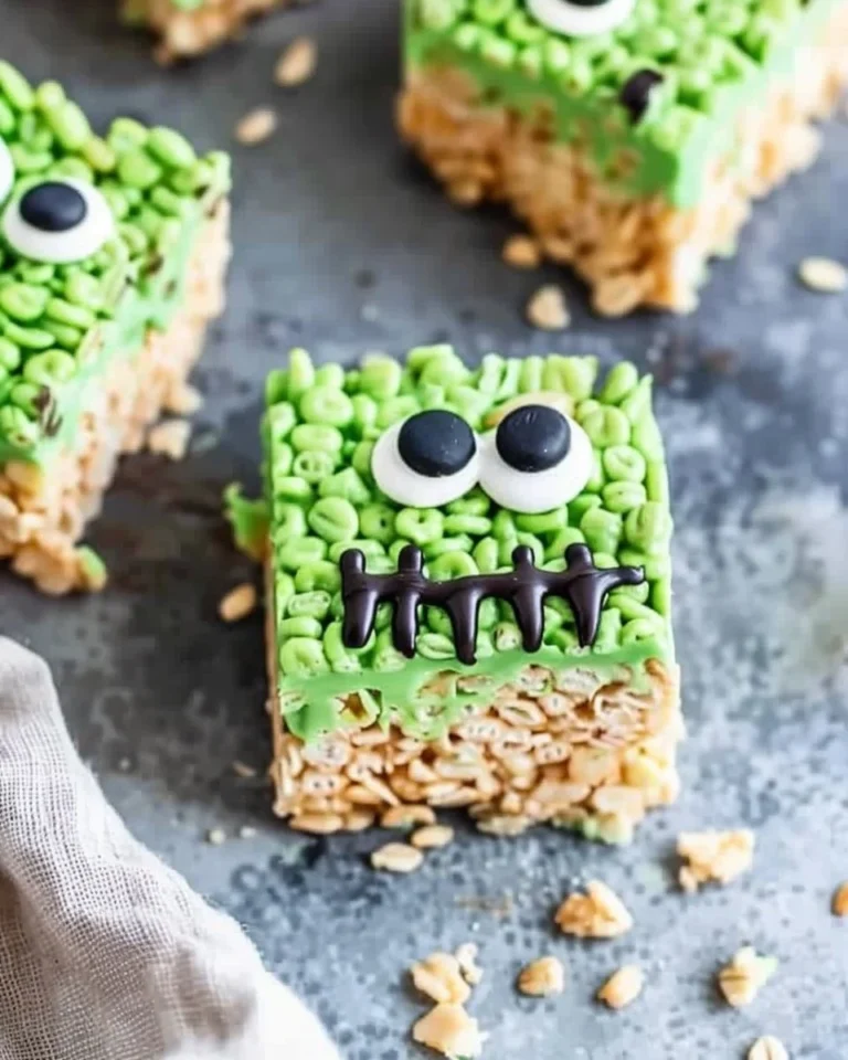 Frankenstein Halloween Rice Krispie Treats decorated with green icing and candy eyes.