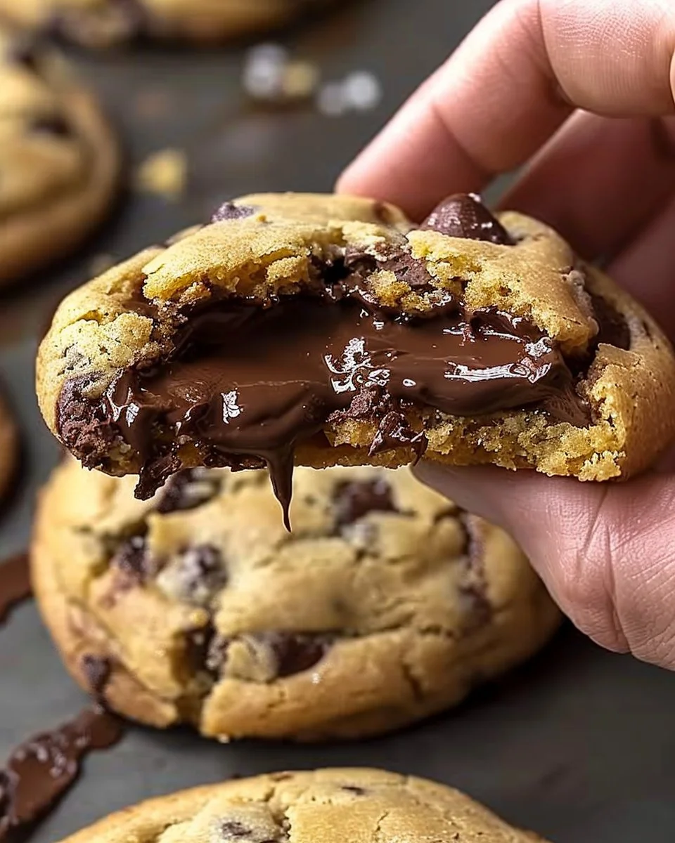 Gooey chocolate chip cookies filled with Nutella, a decadent dessert treat.