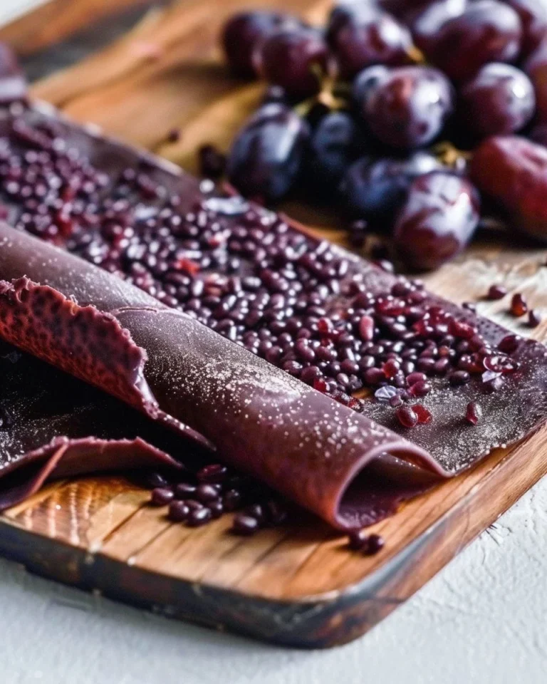 Delicious homemade grape fruit leather snack cut into strips