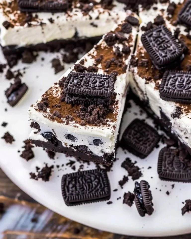 Slice of no-bake Oreo cheesecake topped with crushed Oreos on a plate.