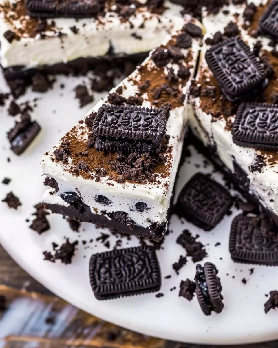 Slice of no-bake Oreo cheesecake topped with crushed Oreos on a plate.