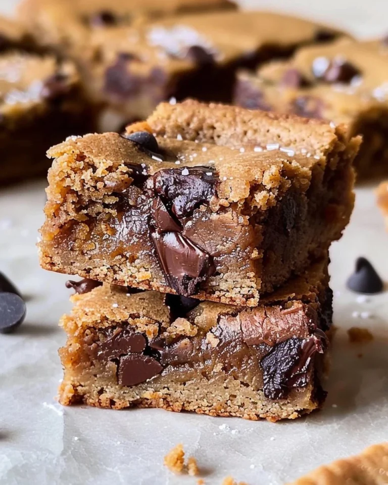 Paleo Chocolate Chip Tahini Blondies on a wooden serving board