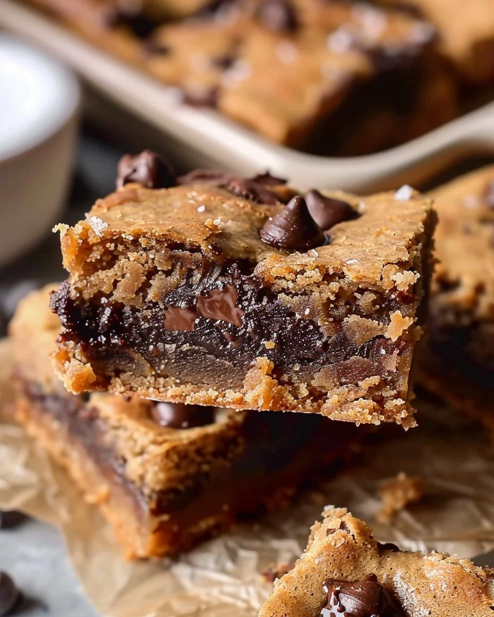 Paleo Tahini Chocolate Chip Blondies on a white plate with chocolate chips.