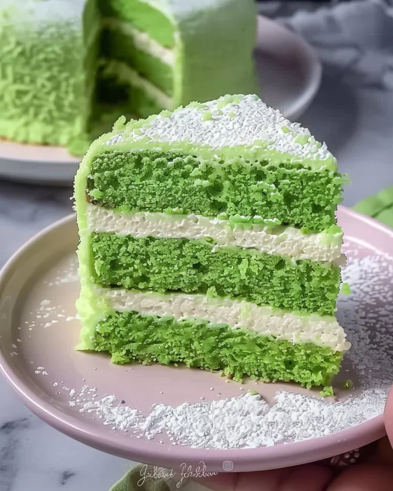 Delicious Pandan Chiffon Cake with a light and fluffy texture, garnished with pandan leaves.