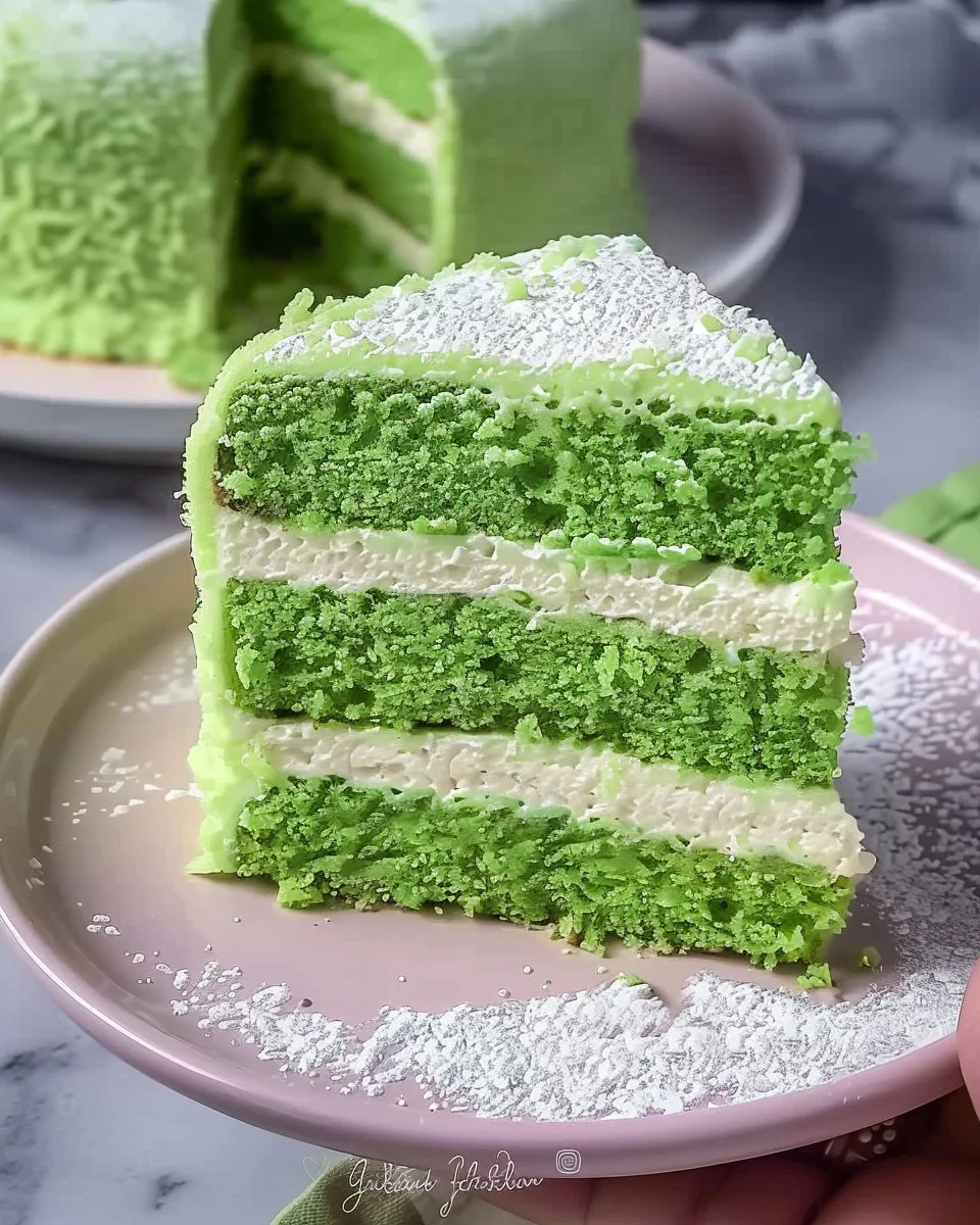 Delicious Pandan Chiffon Cake with a light and fluffy texture, garnished with pandan leaves.