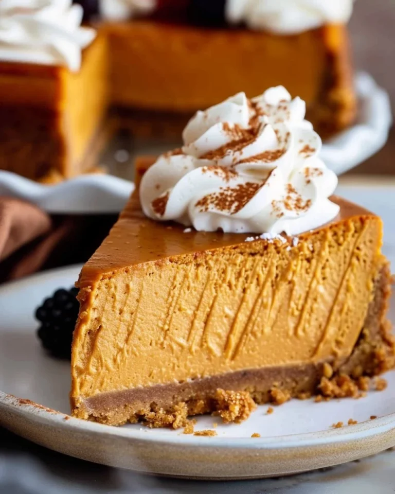 Delicious homemade Pumpkin Cheesecake topped with whipped cream