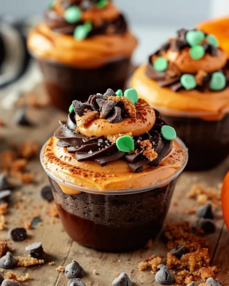 Colorful Pumpkin Dirt Cups, a quick and fun no-bake dessert for kids.