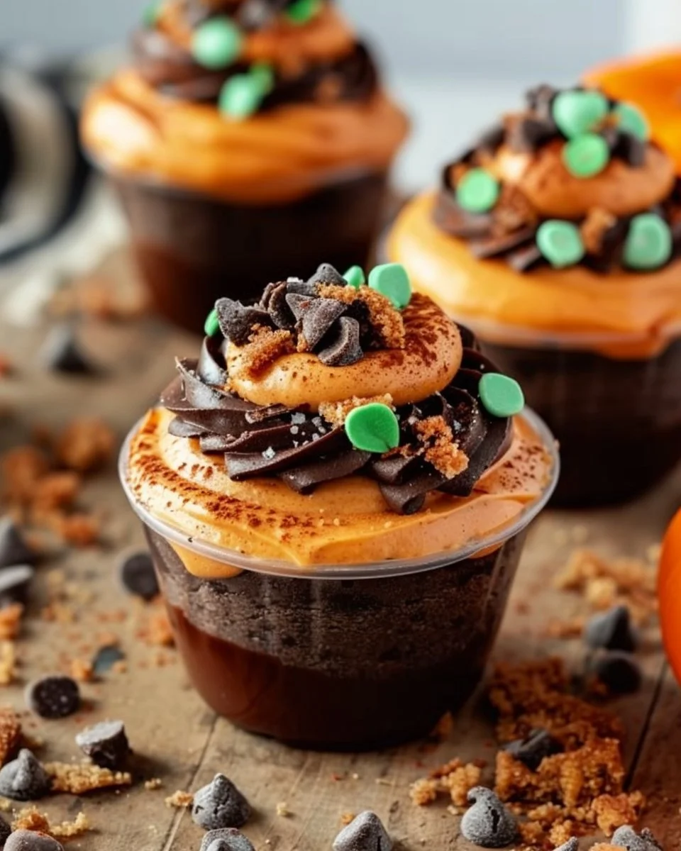 Colorful Pumpkin Dirt Cups, a quick and fun no-bake dessert for kids.