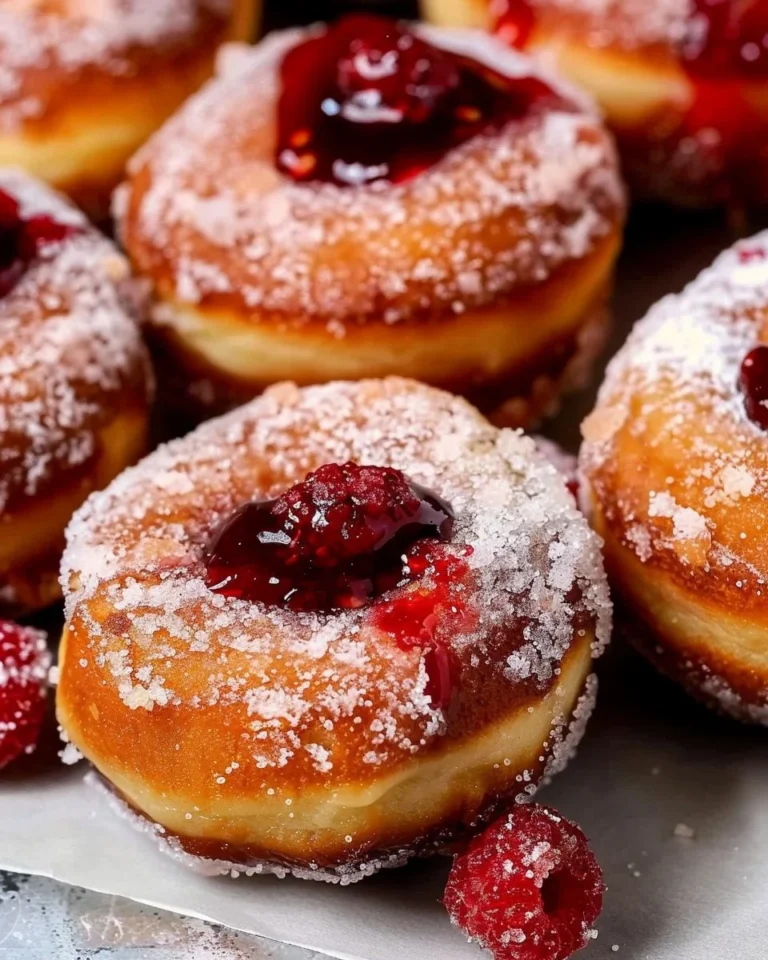 Delicious raspberry jelly-filled donuts topped with powdered sugar