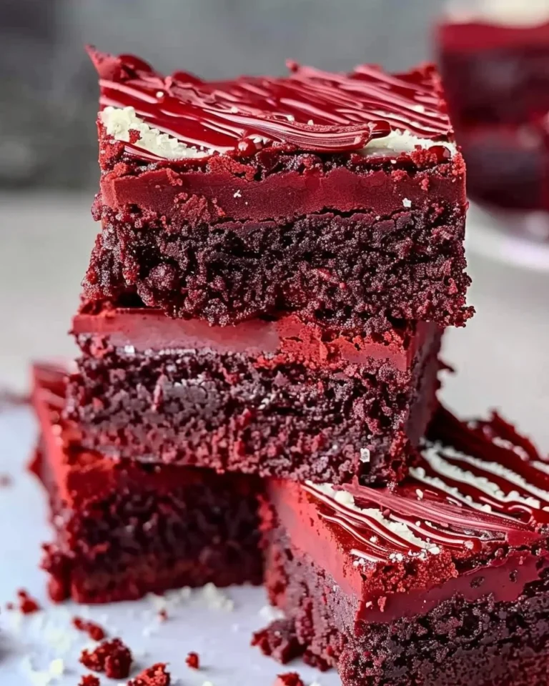 Homemade Red Velvet Brownies topped with cream cheese frosting