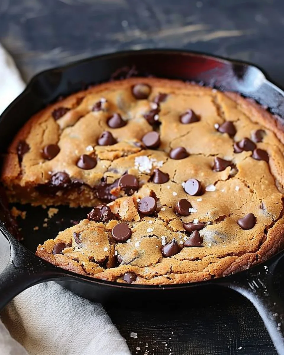 Warm skillet chocolate chip cookie fresh from the oven, served in a cast-iron skillet.