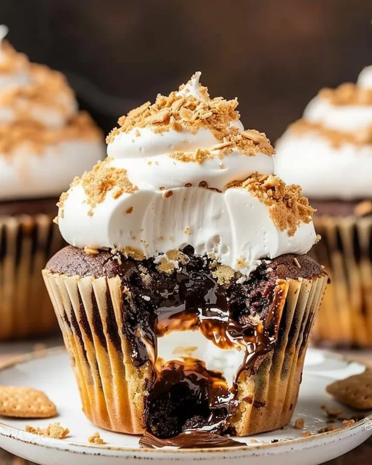 Delicious S'mores Cupcakes topped with marshmallow frosting and chocolate drizzle