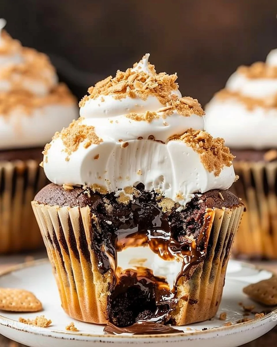 Delicious S'mores Cupcakes topped with marshmallow frosting and chocolate drizzle