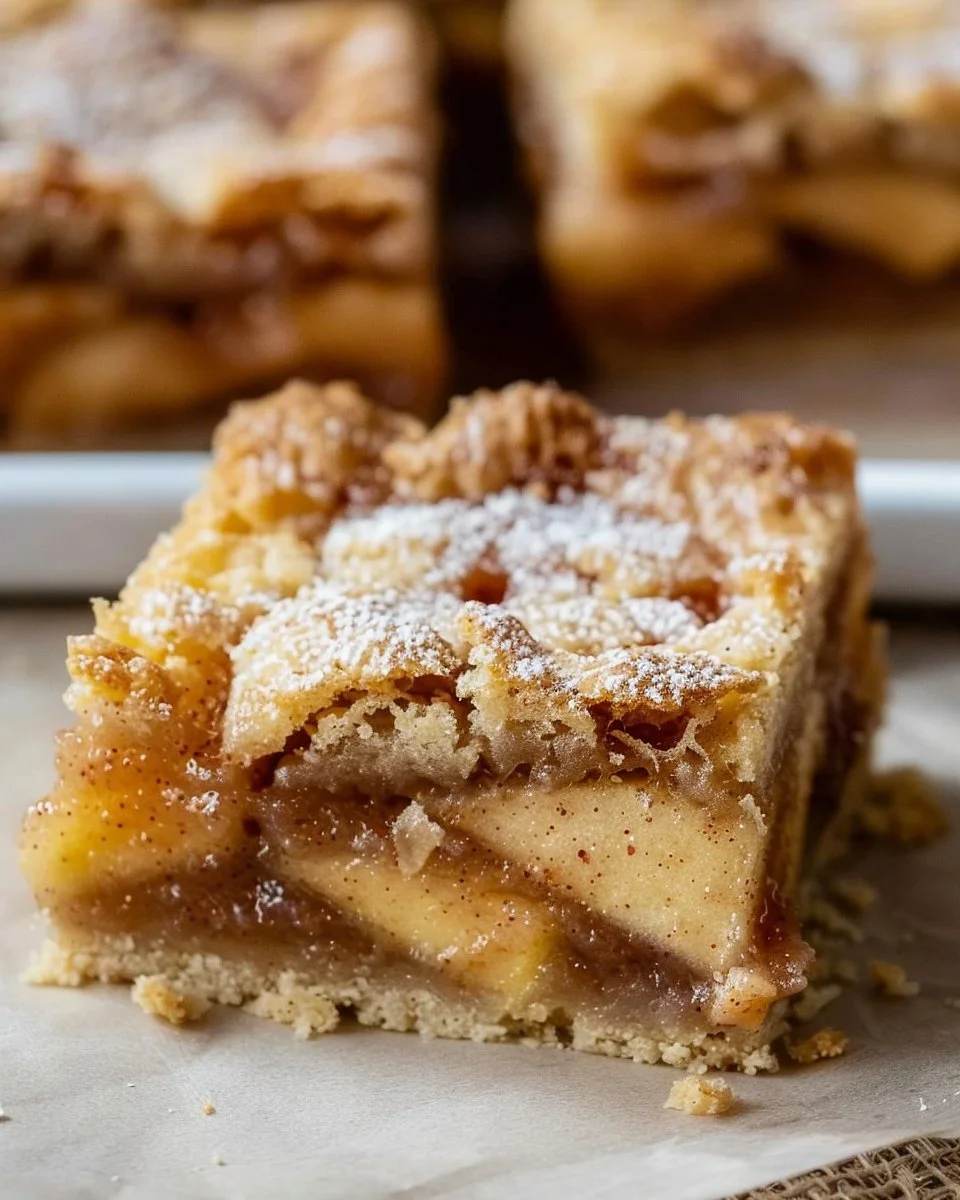 A plate of homemade apple pie bars with a golden crust and apple filling