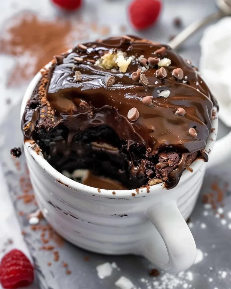 Delicious Chocolate Protein Mug Cake topped with chocolate chips in a mug