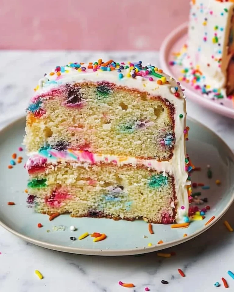 Delicious Funfetti Pound Cake with sprinkles and a slice cut out.