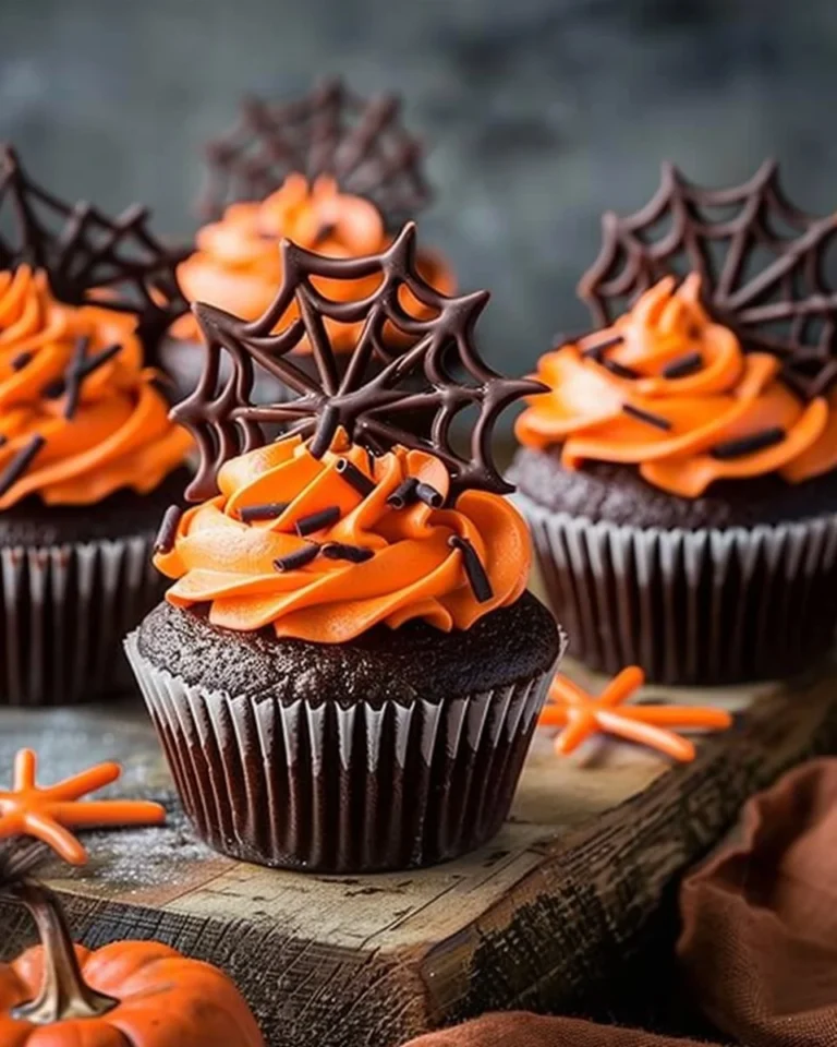 Holiday chocolate cupcakes topped with bright orange frosting on a festive plate.