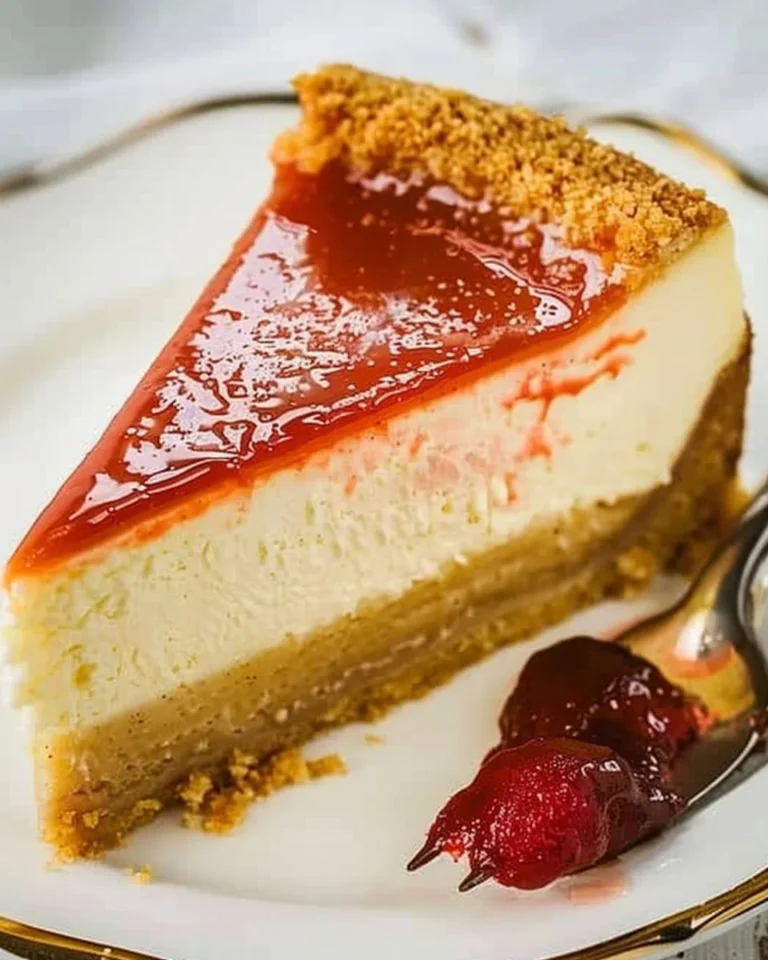 Slice of classic New York Cheesecake topped with fresh strawberries