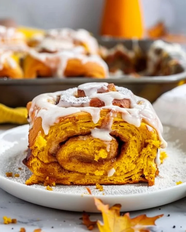 Freshly baked pumpkin cinnamon rolls drizzled with icing on a wooden table
