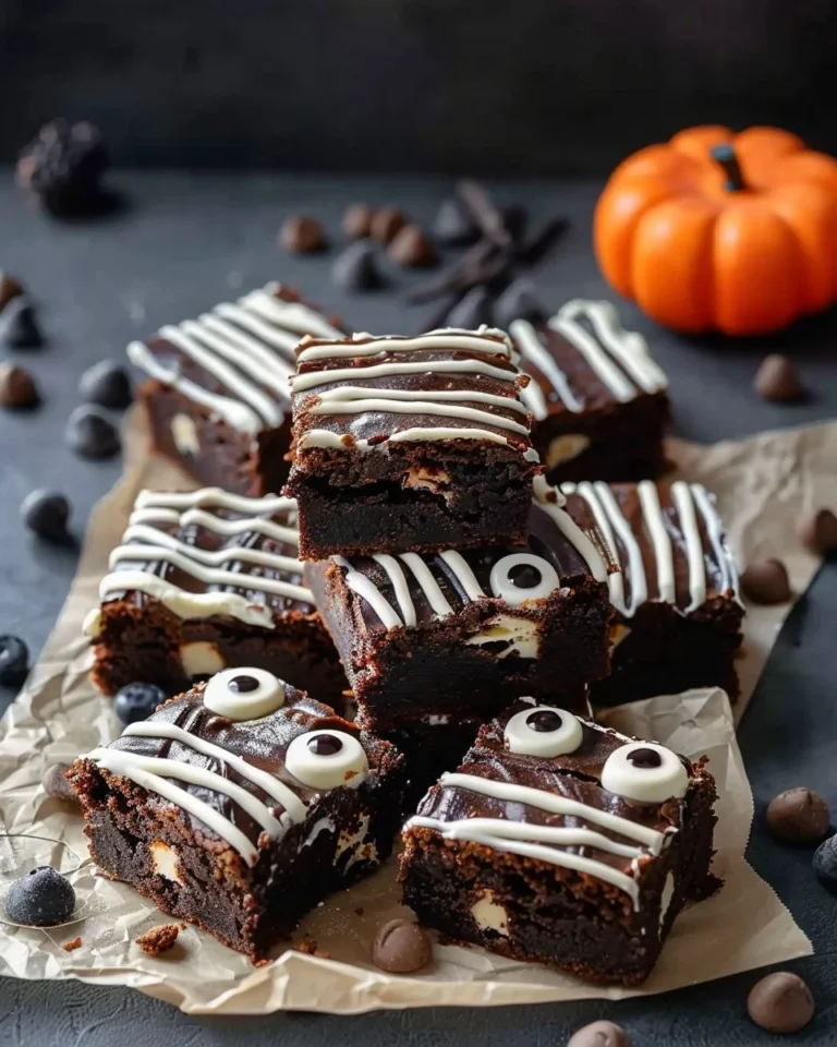 Spooky mummy brownies decorated for Halloween with white icing and candy eyes.
