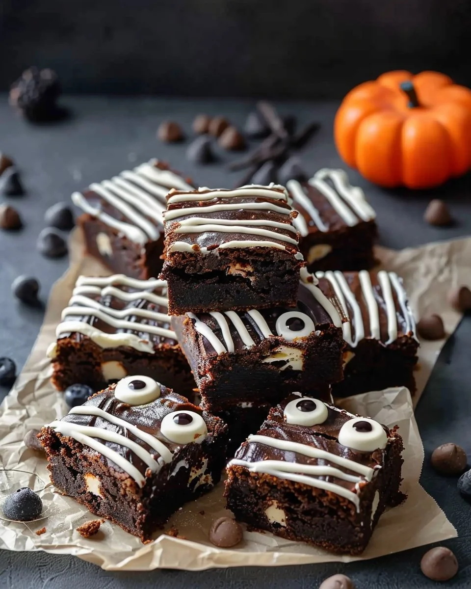 Spooky mummy brownies decorated for Halloween with white icing and candy eyes.