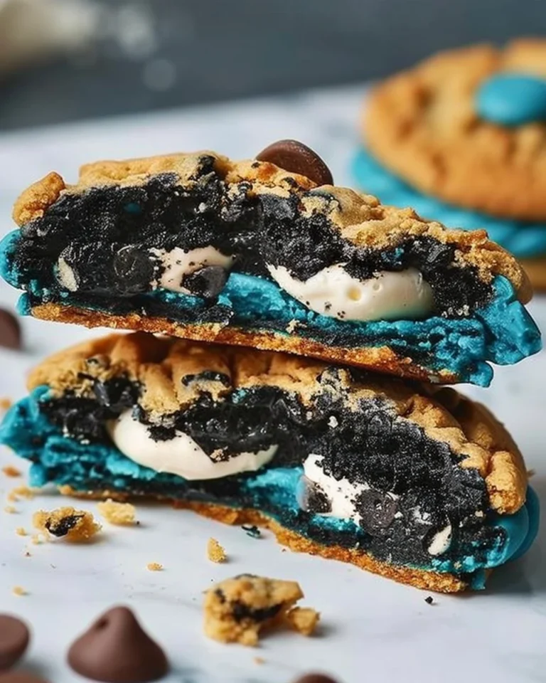 Ultimate Cookie Monster cookies with chocolate chips and vibrant blue frosting