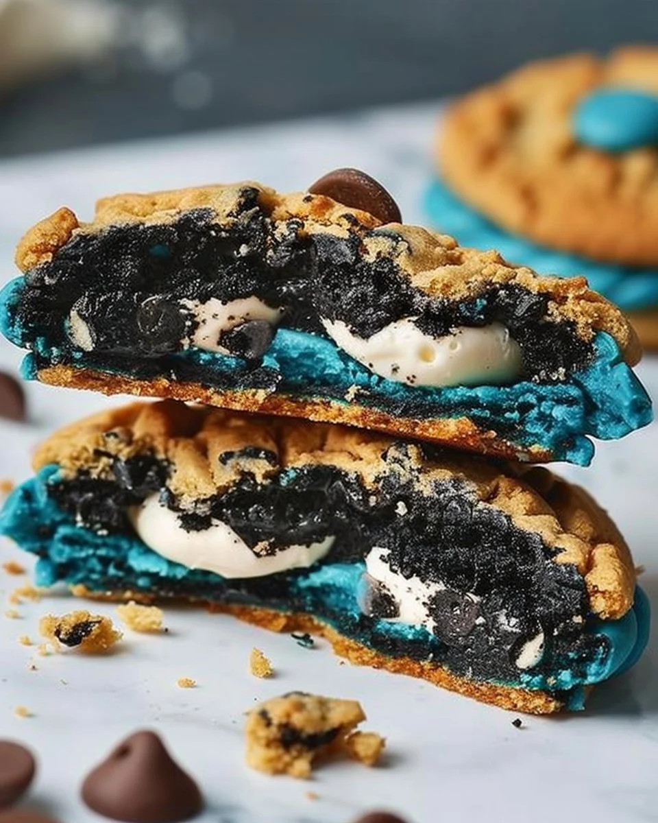 Ultimate Cookie Monster cookies with chocolate chips and vibrant blue frosting
